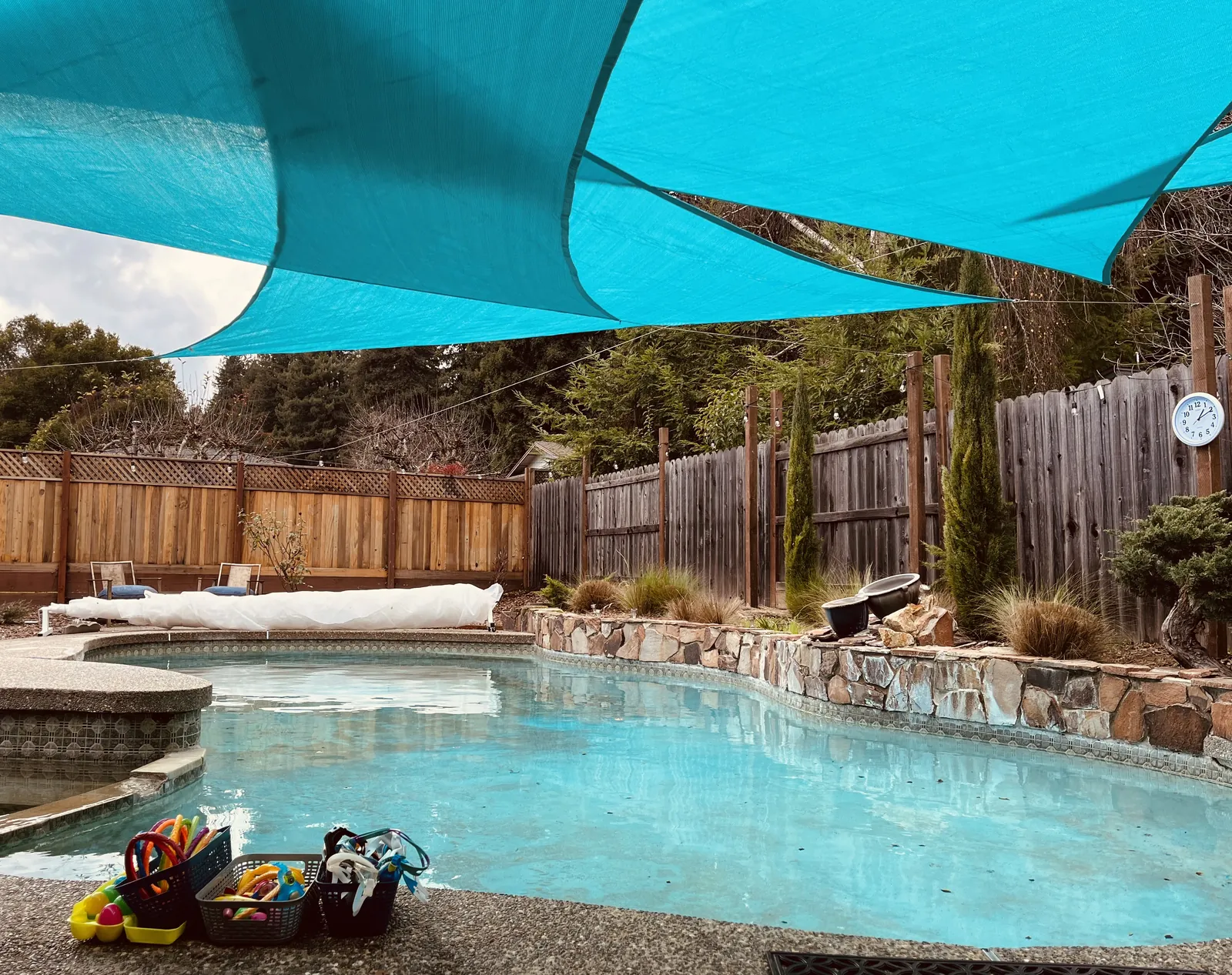 The heated backyard pool at Little Fish Swim School in Felton